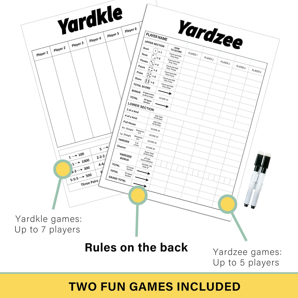 Sport Beats Giant Wooden Yard Dice scorecards help track points during play.