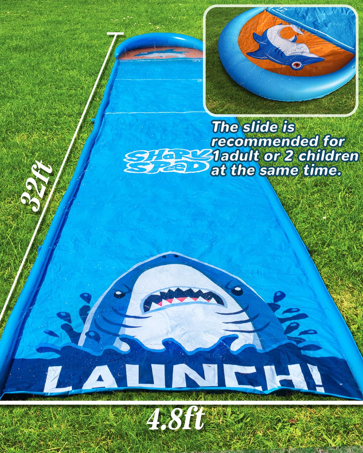 Spring Water large 32ft slip-n-slide featuring blue shark theme for excitement