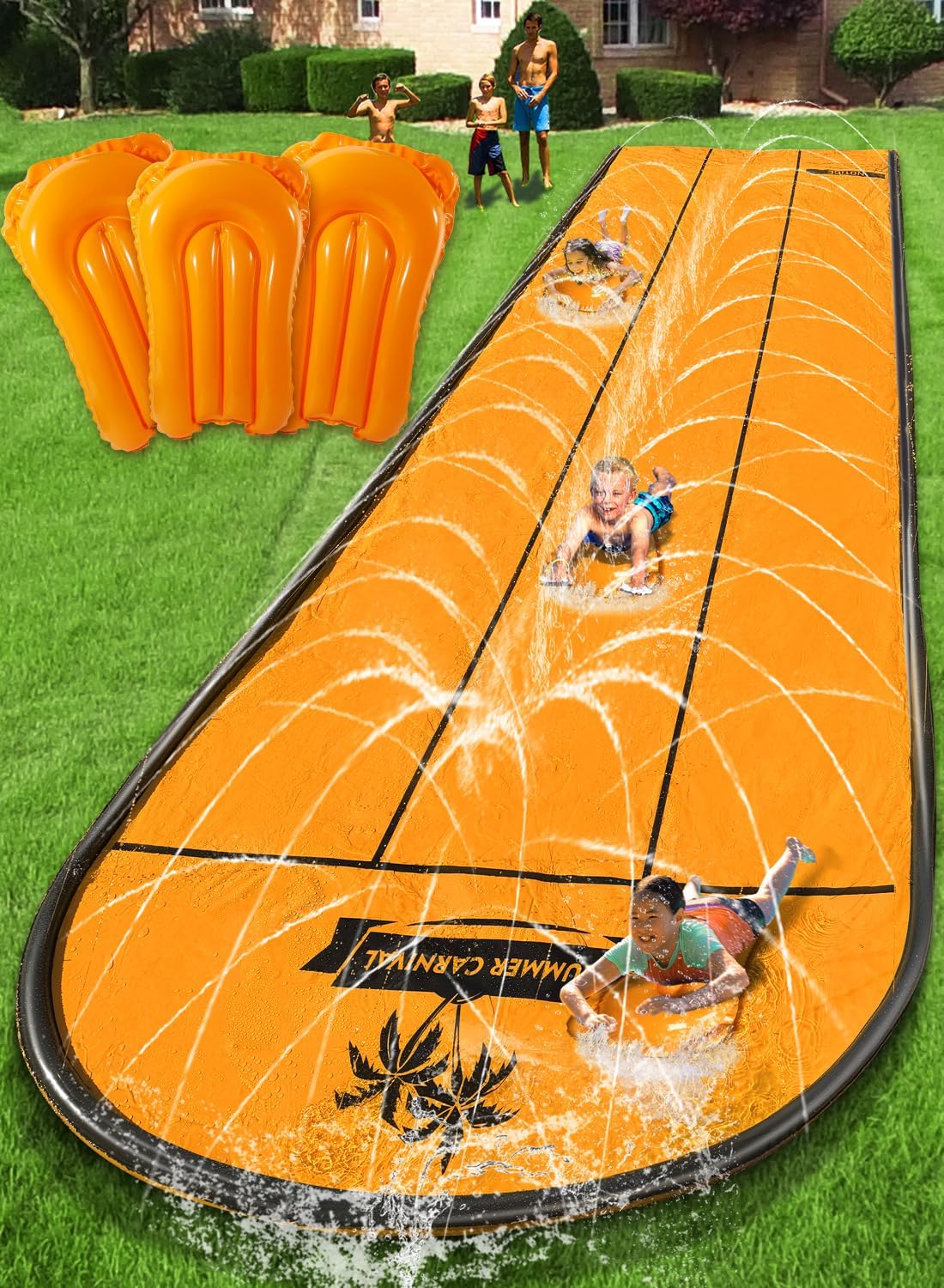 Spring Water slip and slide with blue shark pattern for backyard racing
