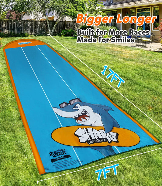 Spring Water slip and slide with orange pattern for sunny group play and laughs.