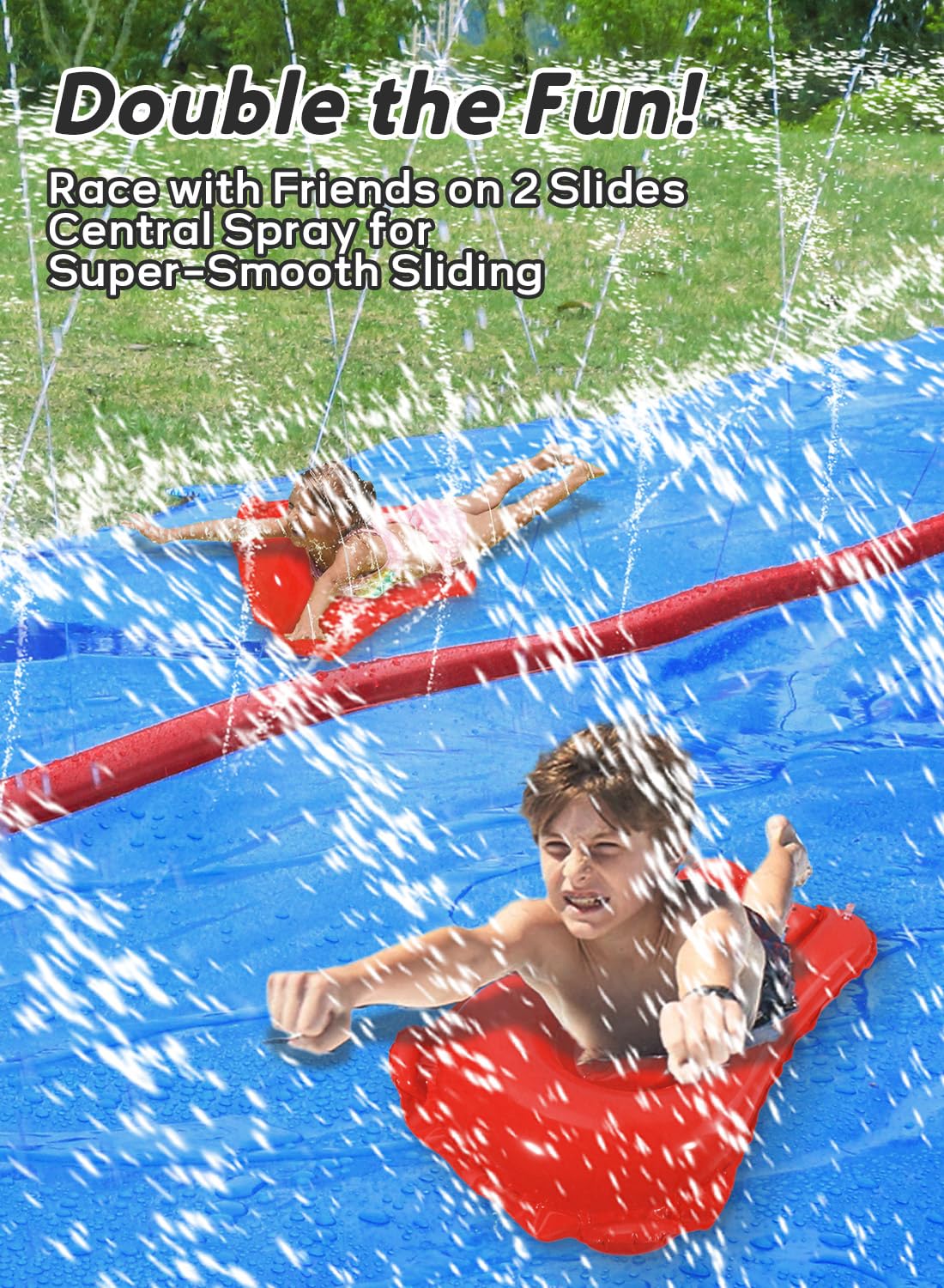 Spring Water slip and water slide double lane encourages friendly racing and splashes.