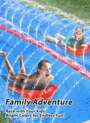 Spring Water slip and water slide includes two bodyboards for controlled landings.