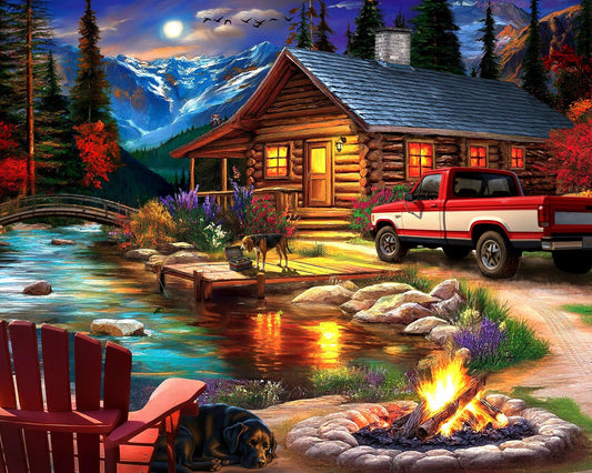 Springbok Cabin on the Creek: glowing cabin scene for cozy evenings and mindful puzzling.