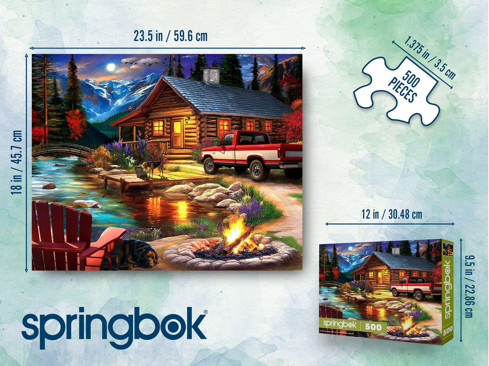 Springbok Cabin on the Creek: loyal dogs by the creek invite family puzzle sessions.