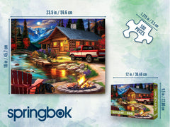 Springbok Cabin on the Creek: loyal dogs by the creek invite family puzzle sessions.