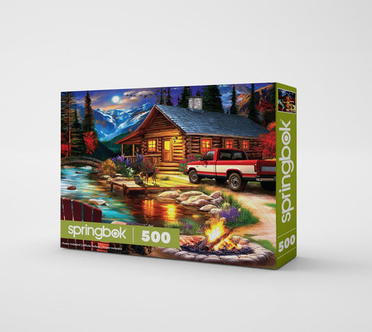 Springbok Cabin on the Creek: red pickup truck and rustic charm for nostalgic puzzle vibes.