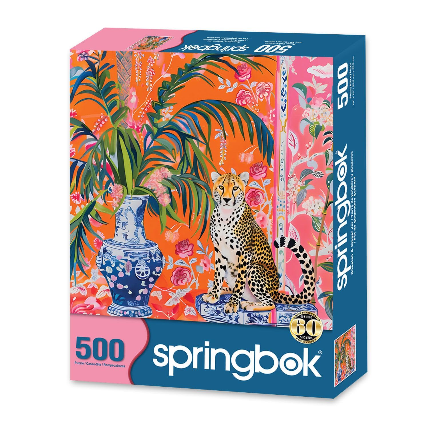 Springbok bold floral patterns beside the cheetah scene for color-rich puzzle nights.