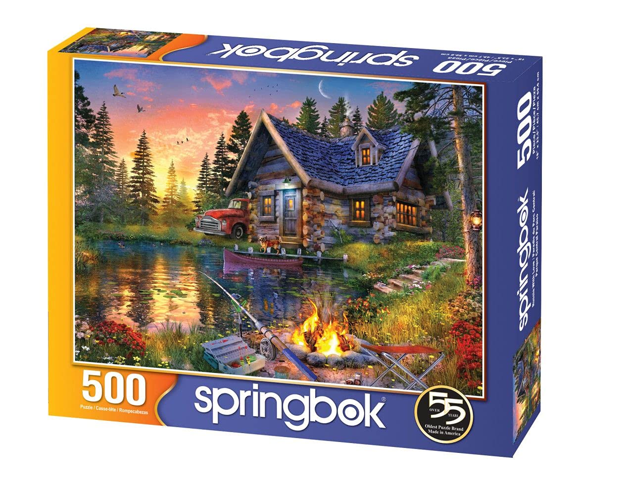 Springbok fishing cabin on water illustration inspires calm focus during puzzle time.