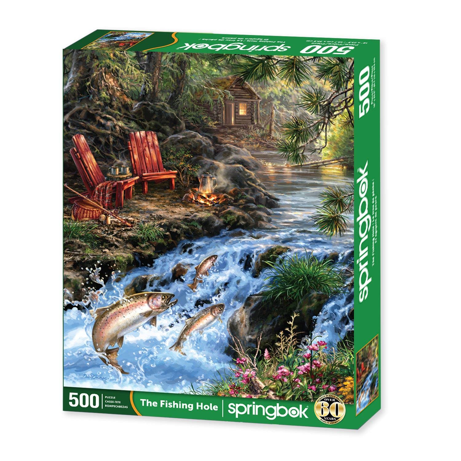 Springbok The Fishing Hole puzzle close-up showing bright artwork and durable pieces for family use.