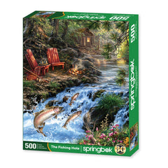 Springbok The Fishing Hole puzzle close-up showing bright artwork and durable pieces for family use.