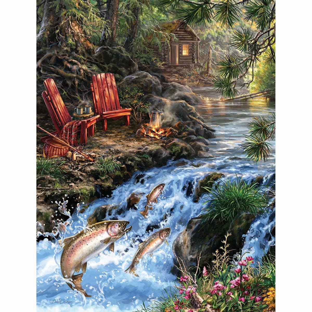 Springbok The Fishing Hole puzzle front view, vibrant fishing scene for mindful, focused play.