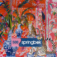 Springbok ginger jar vases add elegance to the cheetah artwork.