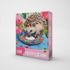 Springbok hedgehog sipping from a colorful dish, a soothing scene for relaxing puzzling