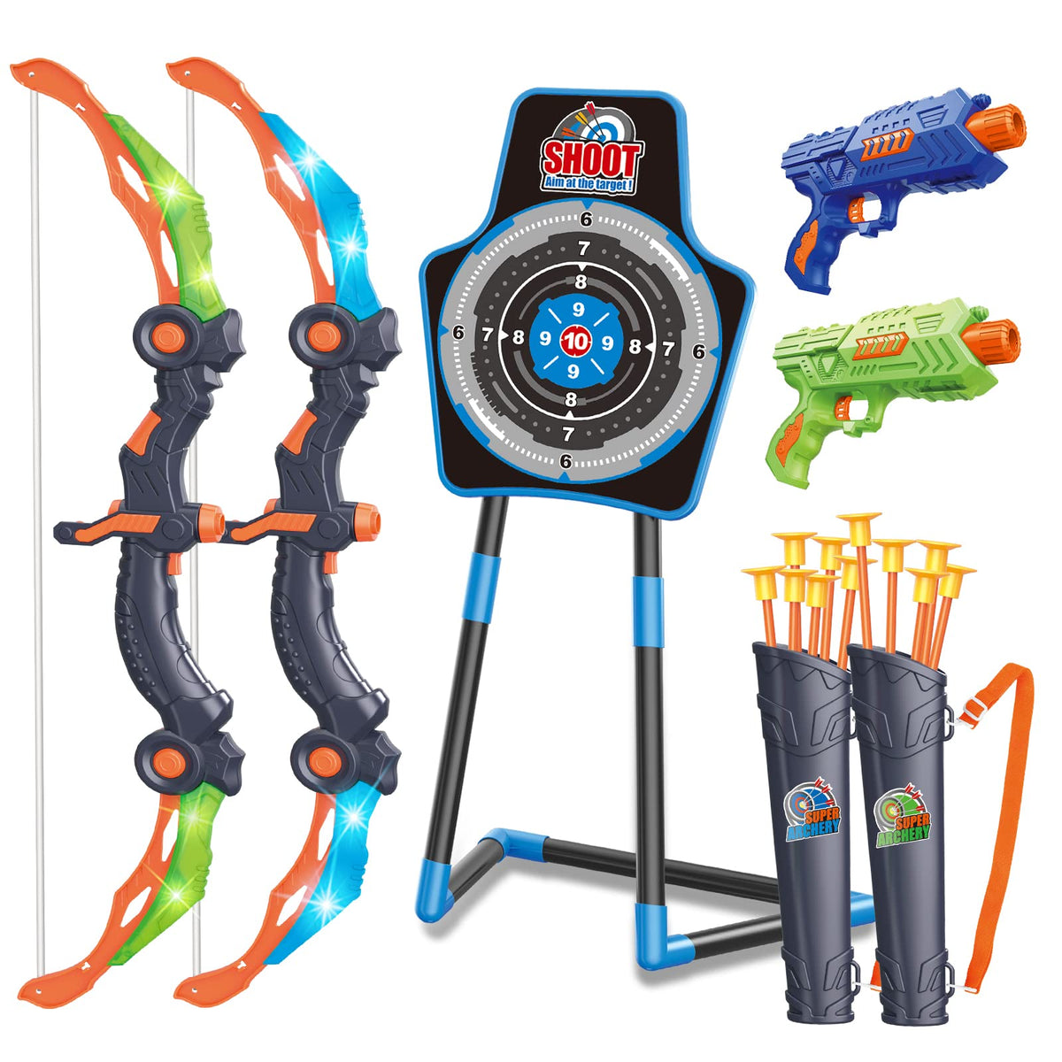 SpringFlower 2 Bow Archery Set with LED lights enhances night practice and target accuracy.