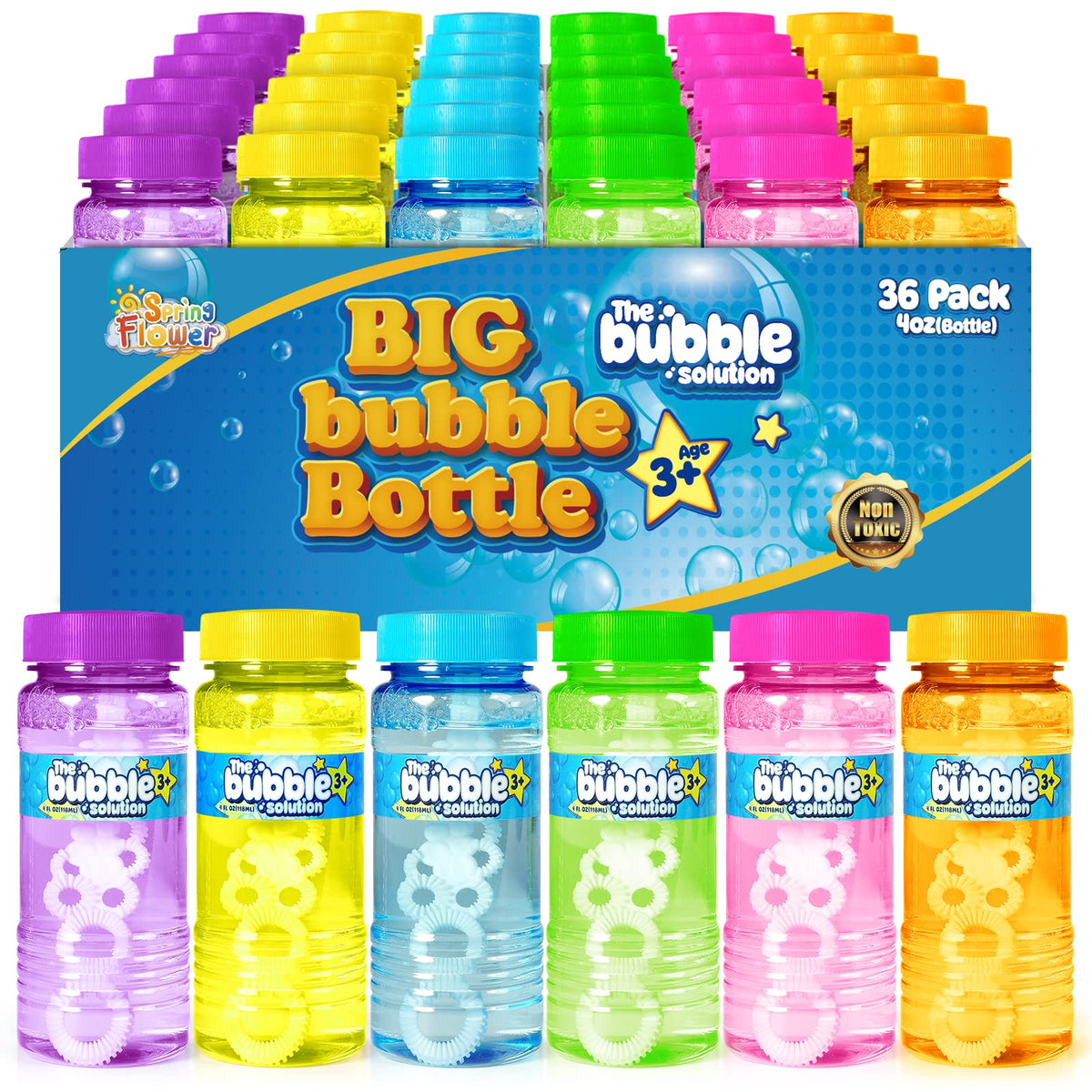 SpringFlower 36 bubble bottles with wand provide colorful outdoor fun and easy play.
