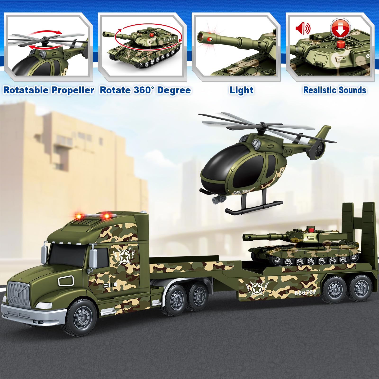 SpringFlower Army Truck Helicopter attachment adds dynamic loading scenes during play