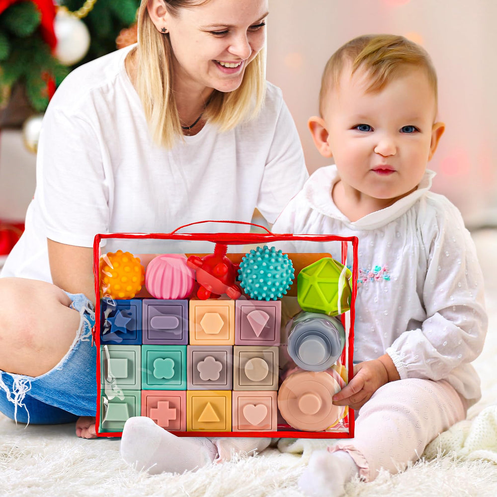 SpringFlower squeaky blocks boost hand-eye coordination through squeeze actions.