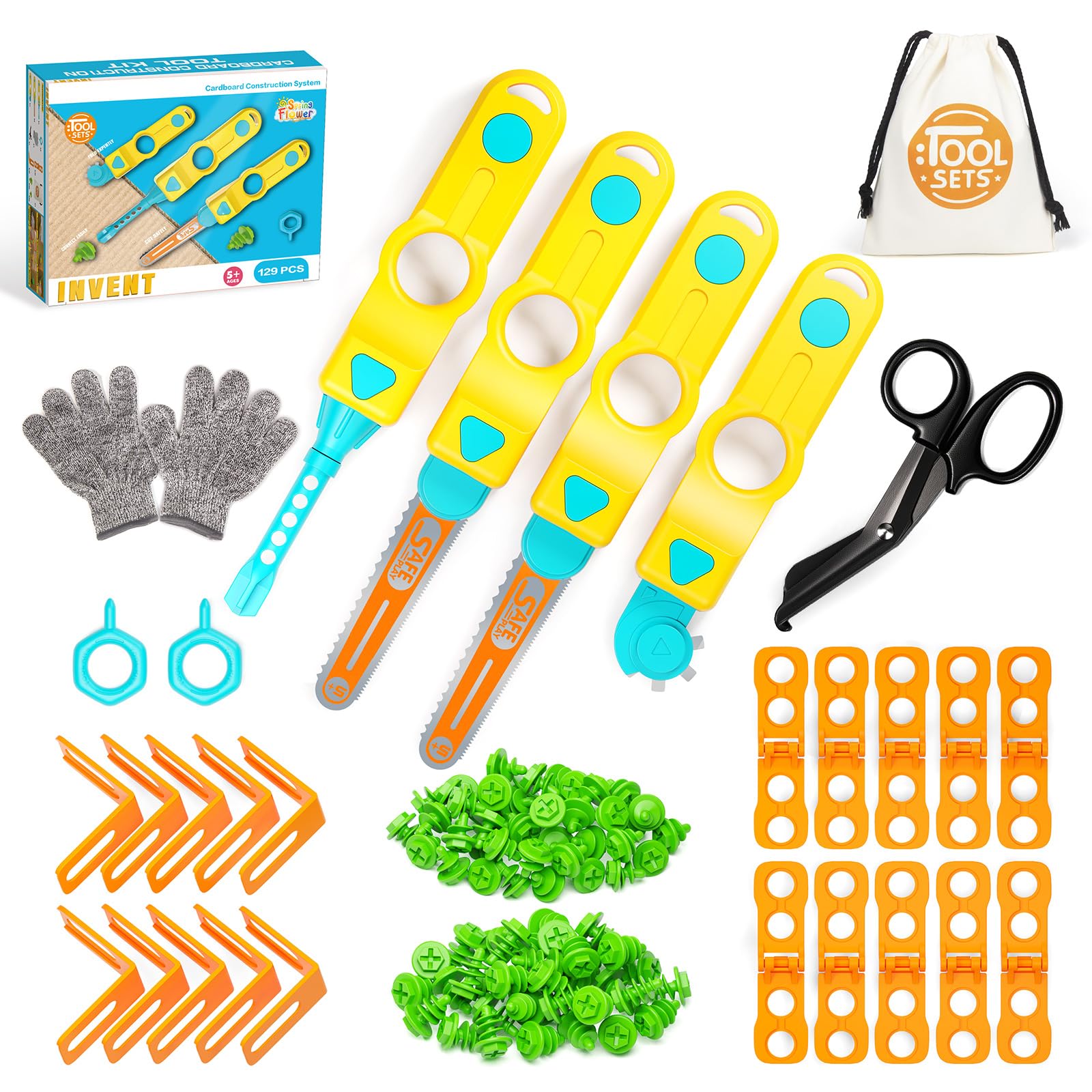 SpringFlower Cardboard Cutter Kit contents laid out for creative building adventures.