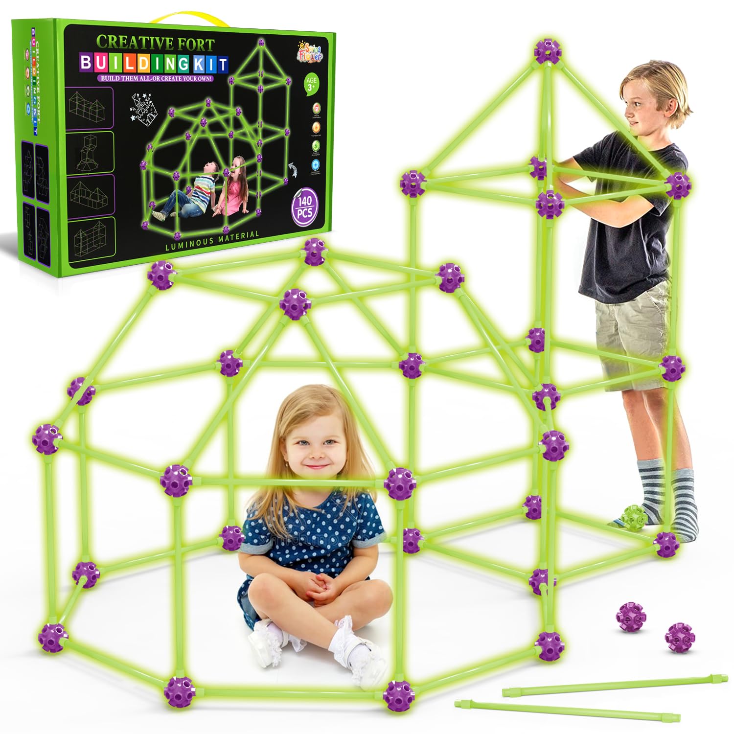 SpringFlower glow fort setup showcases kids assembling a bright indoor shelter for cozy play.