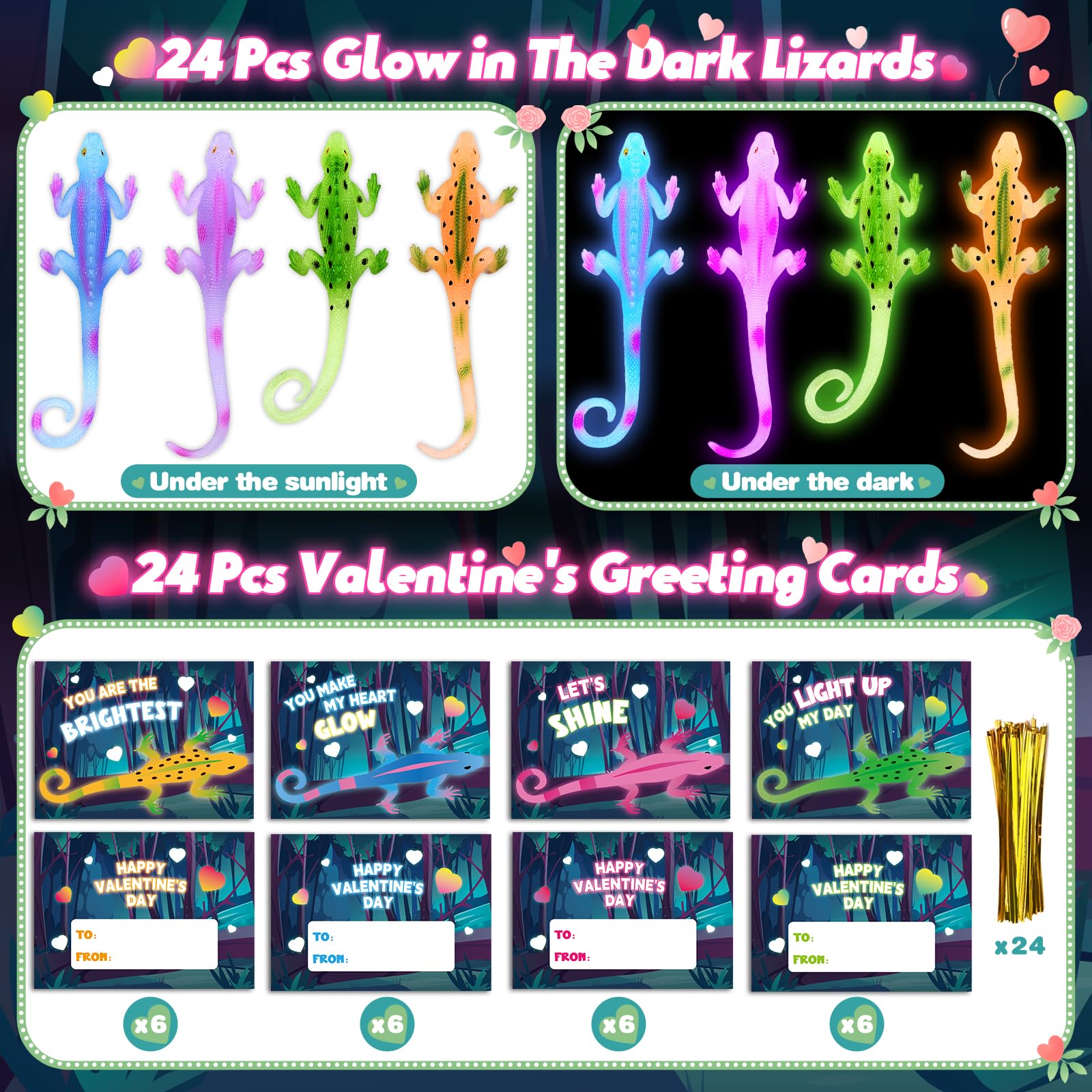 SpringFlower glow-in-the-dark lizards glow after light exposure for kids' fun.