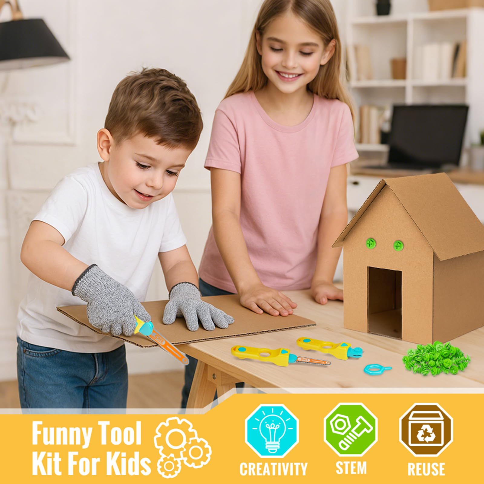 SpringFlower group play encourages teamwork while crafting multiple cardboard structures.