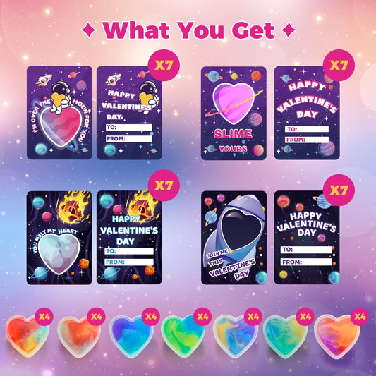 SpringFlower heart-shape cards with space design, perfect for kids' classroom greetings.
