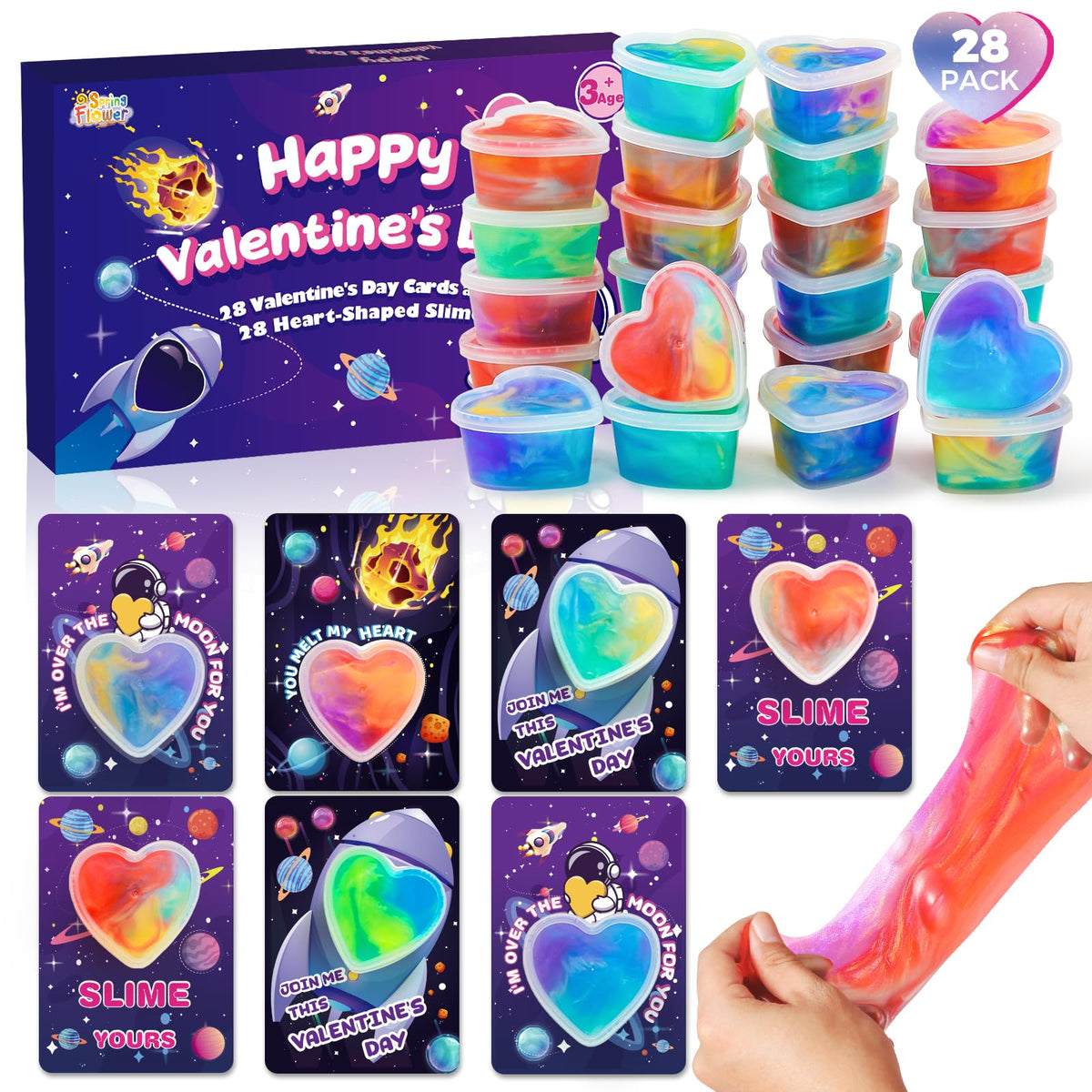 SpringFlower valentine cards with galaxy slime kit, ideal for classroom exchanges.