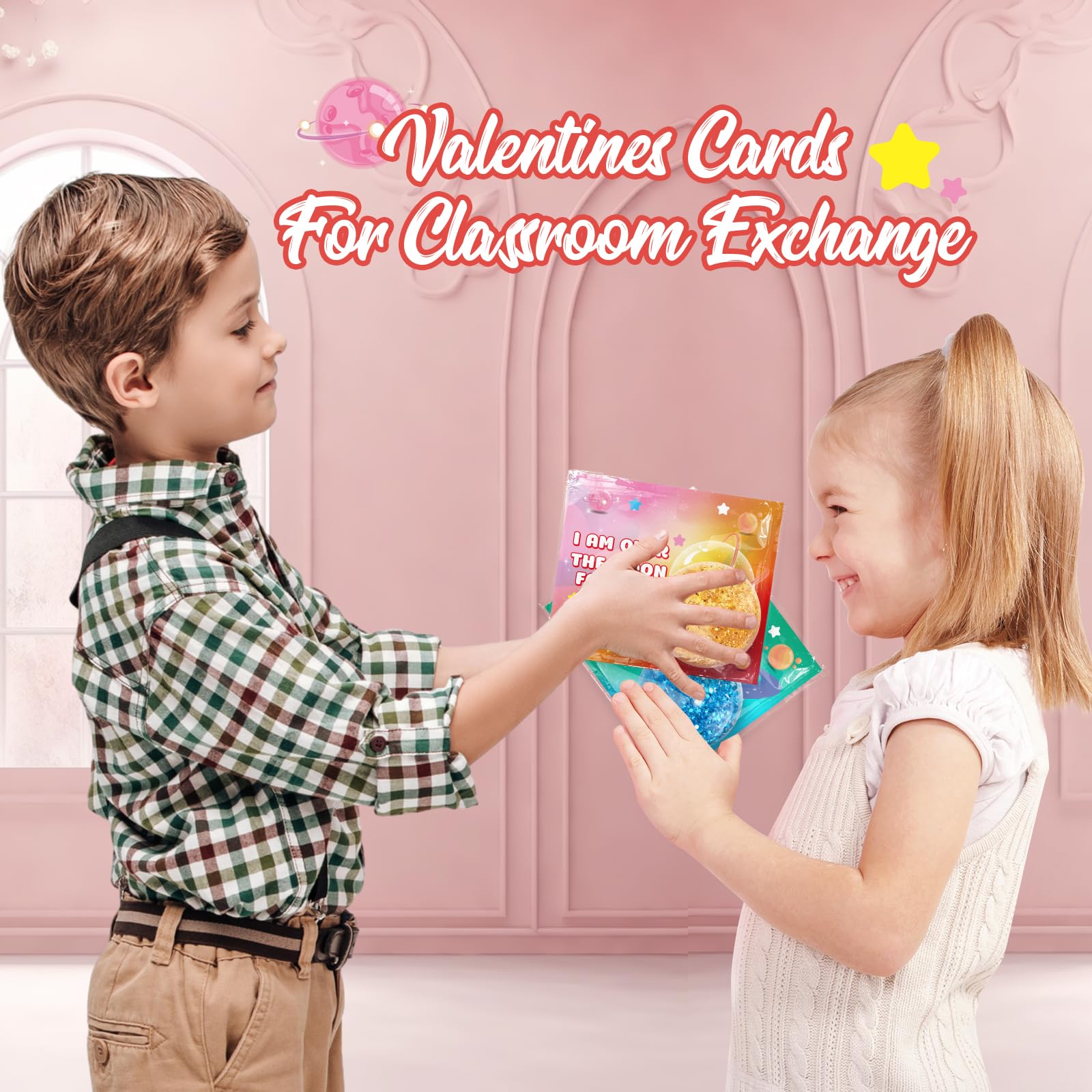 SpringFlower stretchy balls feature planet designs to captivate kids during Valentines card exchanges.