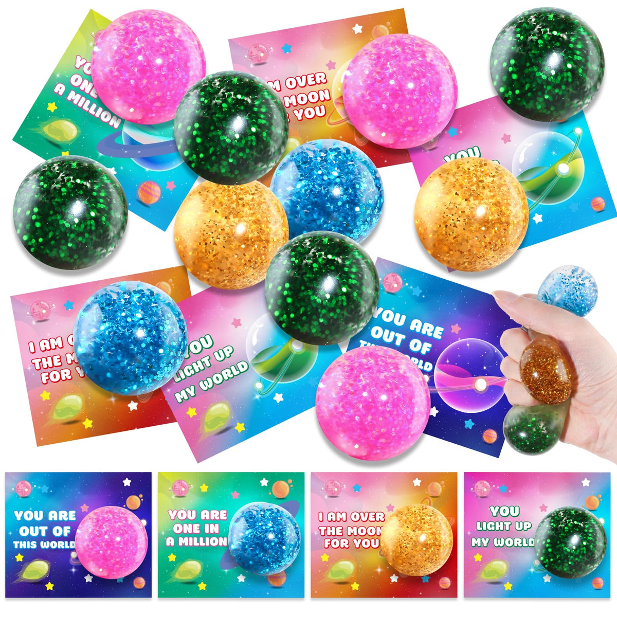 SpringFlower valentines cards with 24-pack and colorful stretch balls, perfect classroom exchange gifts.