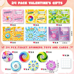 SpringFlower spinner toys attached to valentines cards deliver engaging party favors.