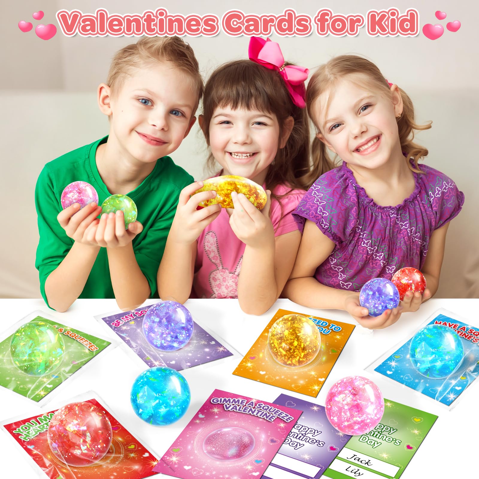 Valentine exchange setup with SpringFlower cards and stretchy balls.