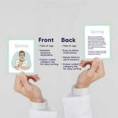 Springtime Education ASL flash cards laid out in four color coded packs