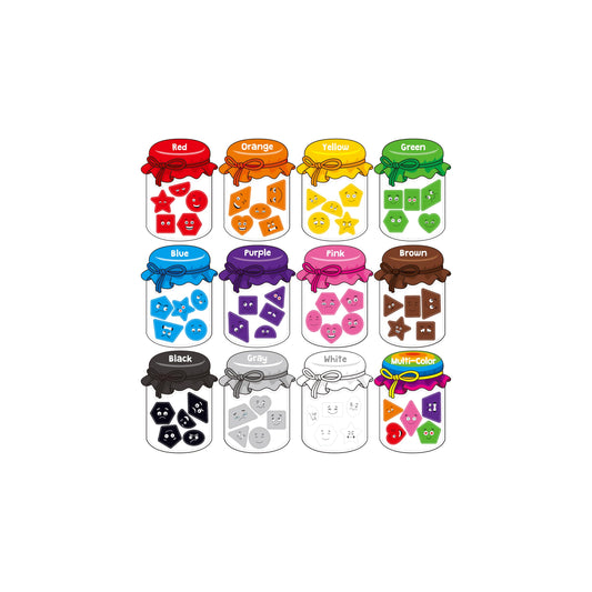 SpriteGru 12-piece sorting jars on fridge promote hands-on color organization.