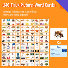 SpriteGru 140 noun picture cards back shows word category and function details.