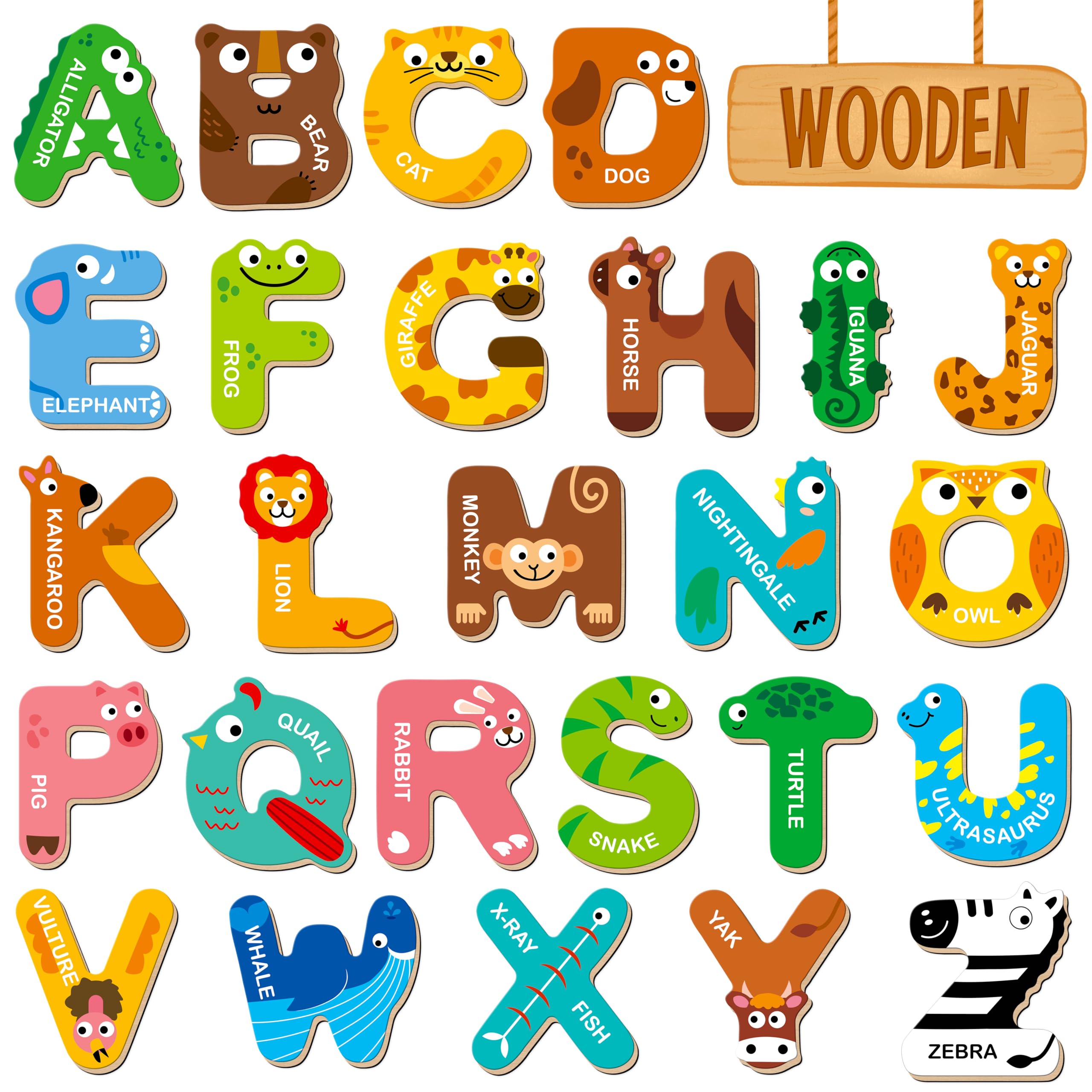 SpriteGru 26 magnetic wooden letters on fridge with animal designs support early literacy and play