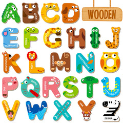SpriteGru 26 magnetic wooden letters on fridge with animal designs support early literacy and play