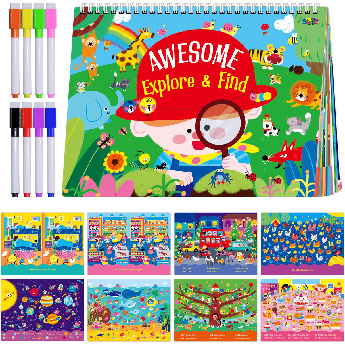 SpriteGru 30-dry-erase activities book cover with vibrant reusable pages for travel.