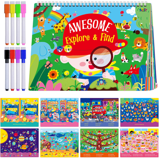 SpriteGru 30-dry-erase activities book cover with vibrant reusable pages for travel.