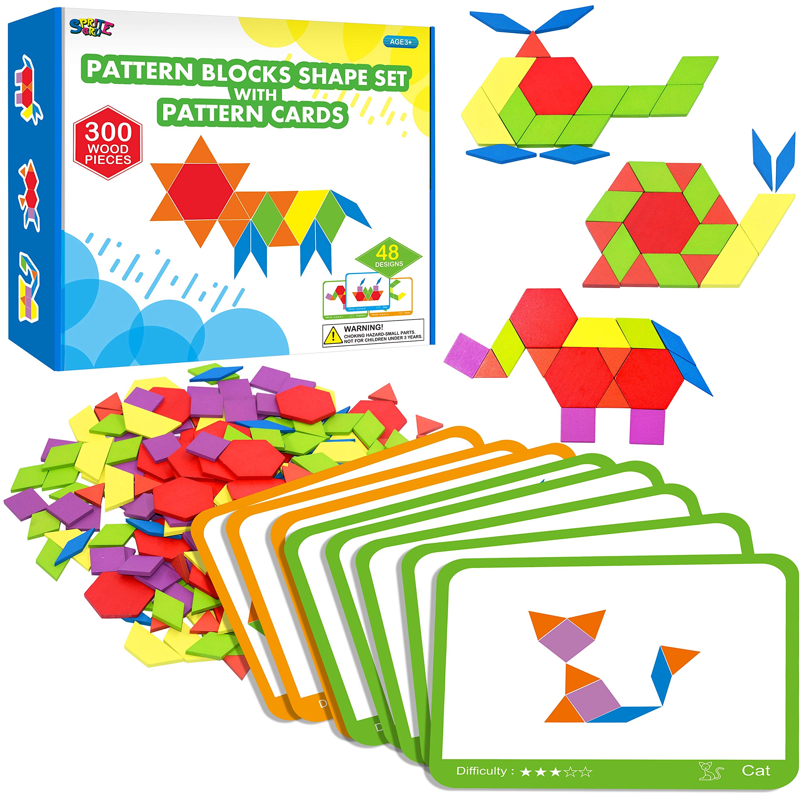 SpriteGru 300-piece wooden pattern blocks on table for open-ended play and creativity.