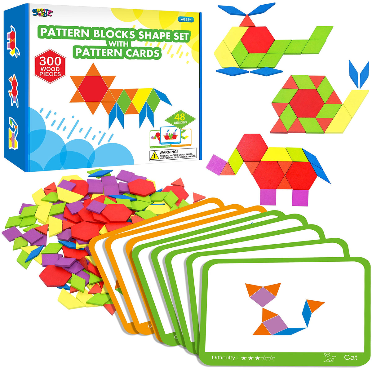 SpriteGru 300-piece wooden pattern blocks on table for open-ended play and creativity.