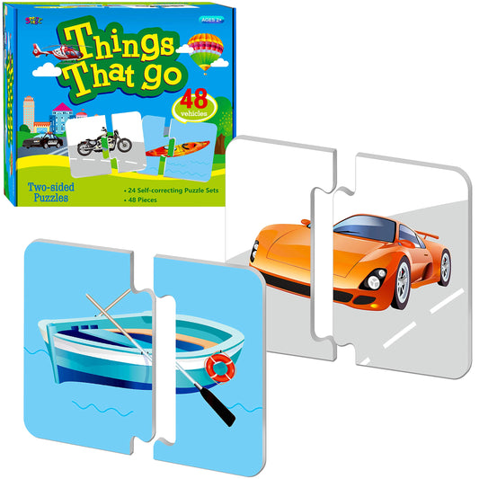 SpriteGru 48-vehicle puzzle front view with double-sided blocks for early learning