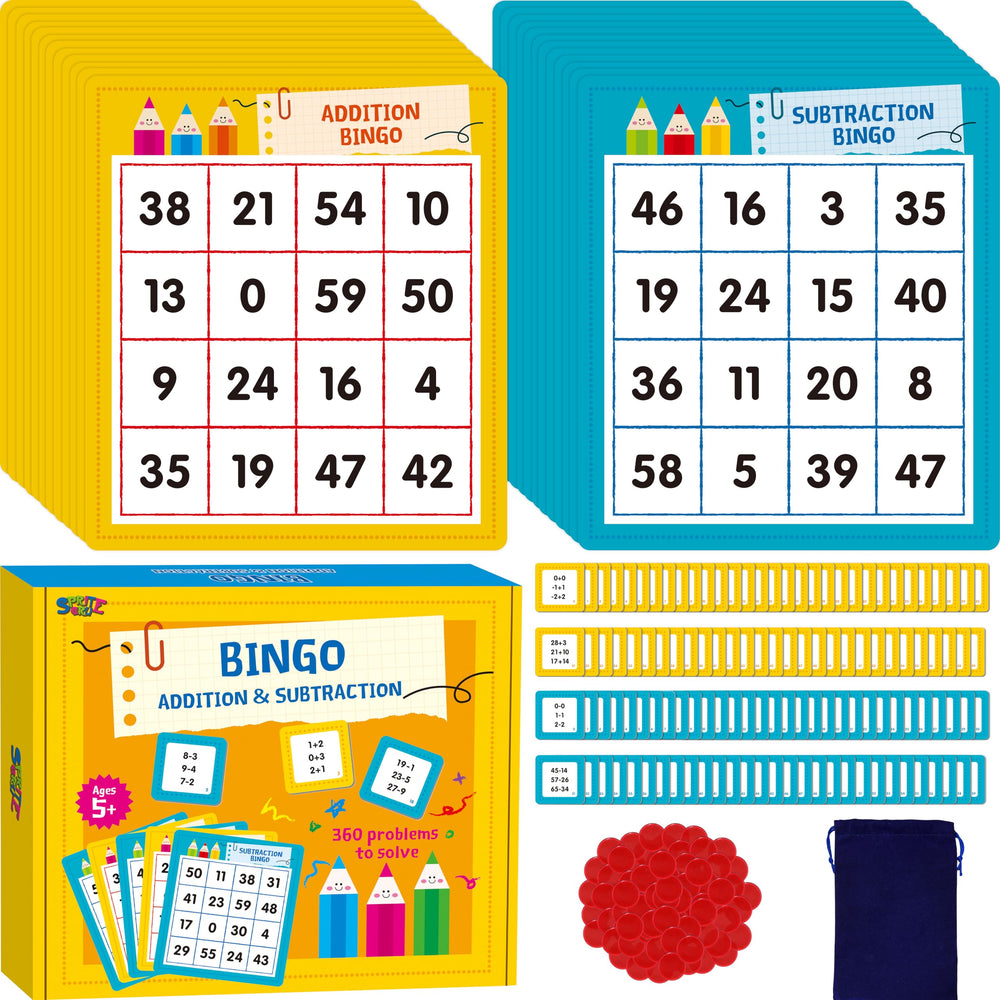 SpriteGru addition-subtraction bingo boards set for classroom play, offering 360 math problems for engaging practice.