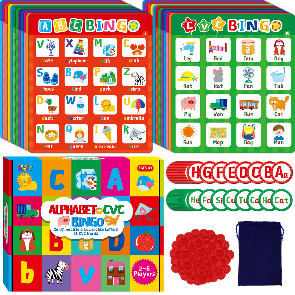 SpriteGru Alphabet Bingo Boards with bold letters for quick recognition and handwriting practice