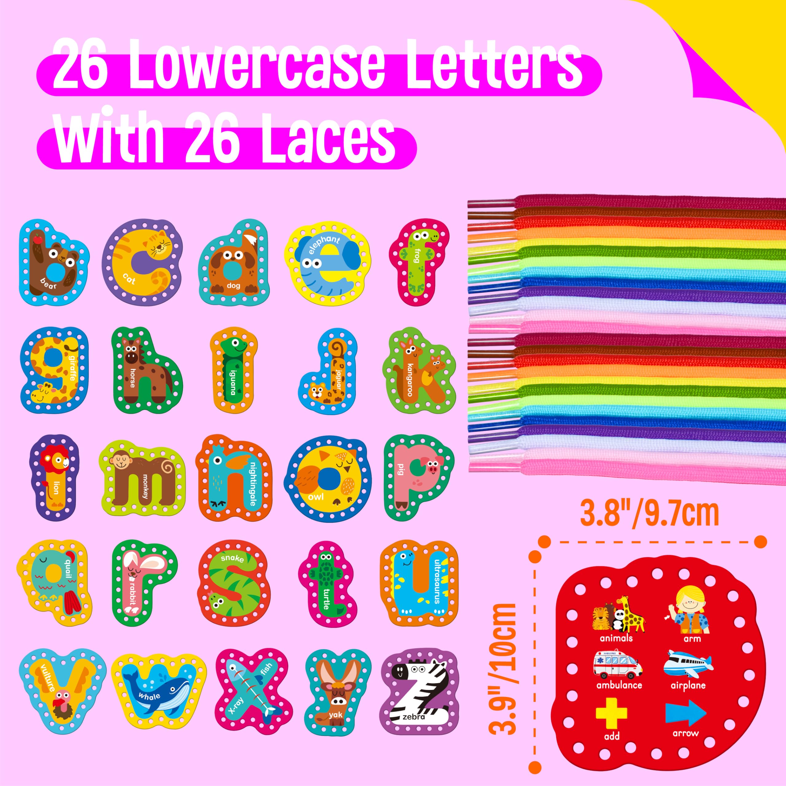 SpriteGru alphabet lacing cards back feature basic words to build vocabulary alongside images.