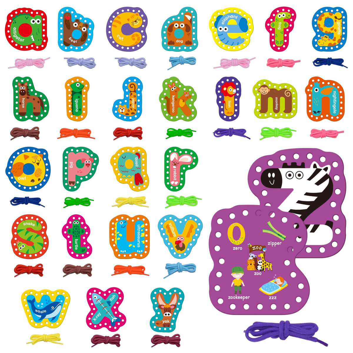 SpriteGru alphabet lacing cards front shows lowercase letters with animal icons for letter recognition.