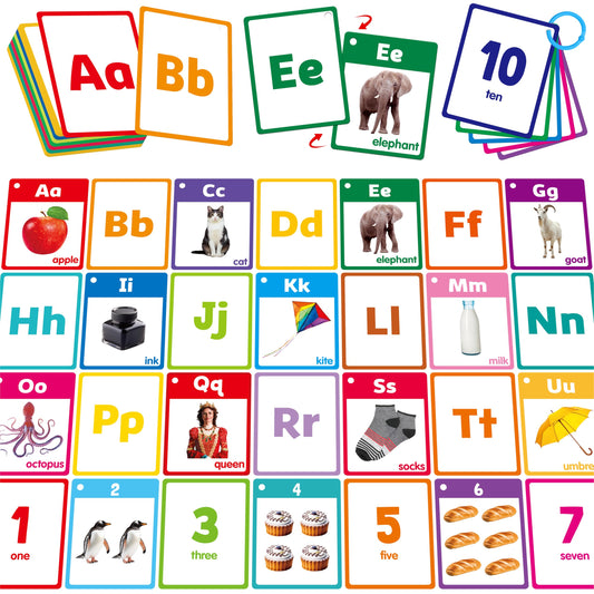 SpriteGru Alphabet and Numbers Flashcards on a table for interactive learning
