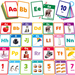 SpriteGru Alphabet and Numbers Flashcards on a table for interactive learning