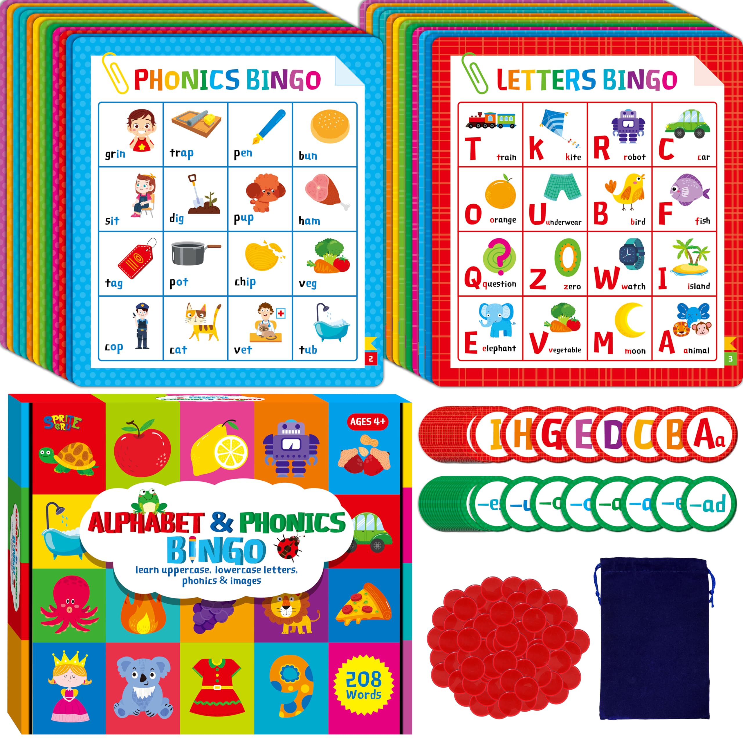 SpriteGru Alphabet and Phonics Bingo Board with bold letters supports early reading practice