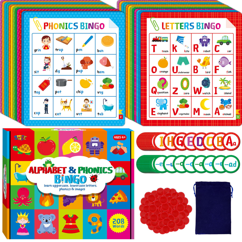 SpriteGru Alphabet and Phonics Bingo Board with bold letters supports early reading practice