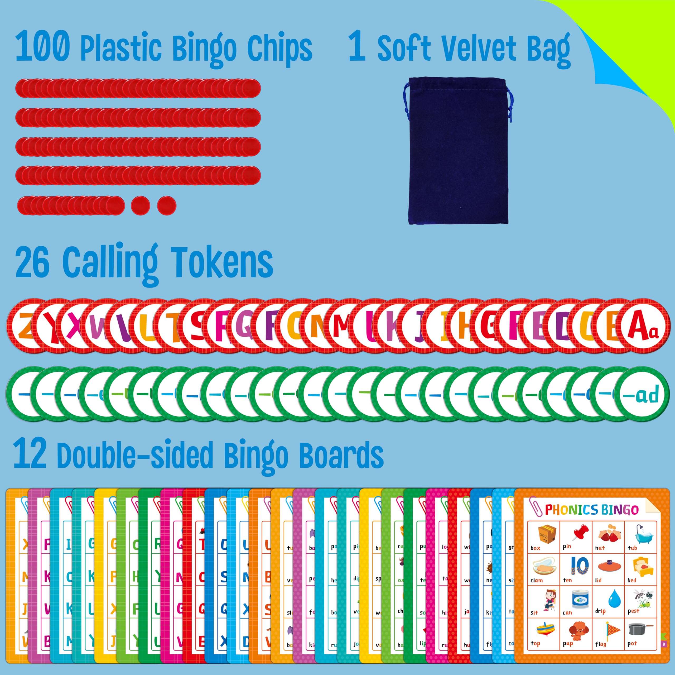 SpriteGru Bingo calling tokens, double-sided for letters and phonics words, ready for classroom drills